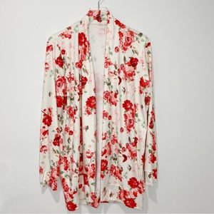 Satin Floral Cream Kimono Red Green Tuxedo Collar NWOT